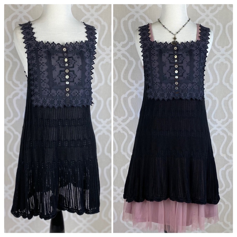 Free People Black Embroidered Knit Layering Tunic